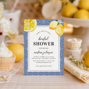 Blue Mediterranean Tile Lemon Simple Bridal Shower Invitation