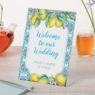 Blue Mediterranean Tile Lemon Special Occasion Pedestal Sign