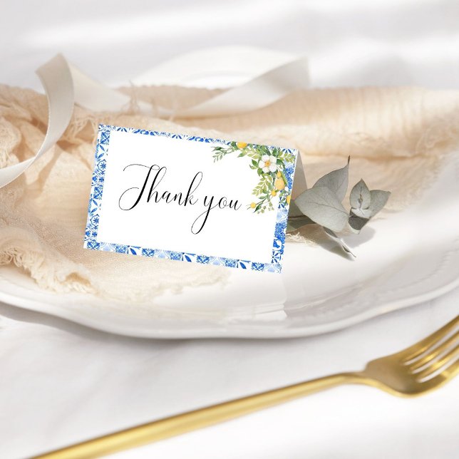 Blue Mediterranean  Tile Lemon Thank Bridal Shower Thank You Card (Creator Uploaded)