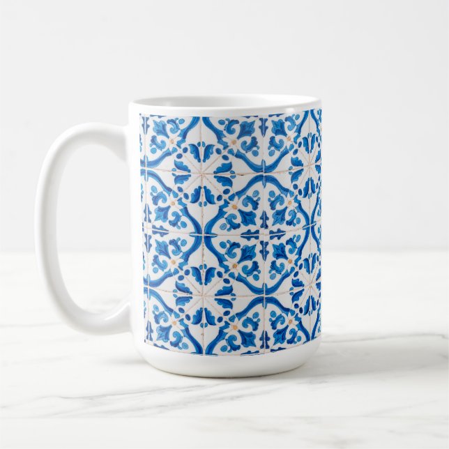 Blue Mediterranean Tile Pattern – Elegant Azulejo  Coffee Mug (Left)