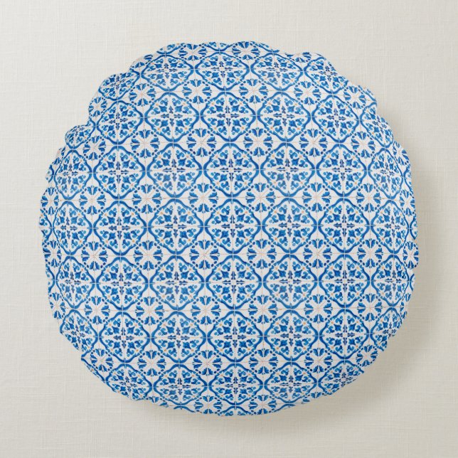 Blue Mediterranean Tile Pattern – Elegant Azulejo  Round Cushion (Front)