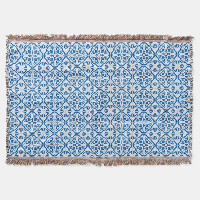 Blue Mediterranean Tile Pattern – Elegant Azulejo  Throw Blanket (Front)
