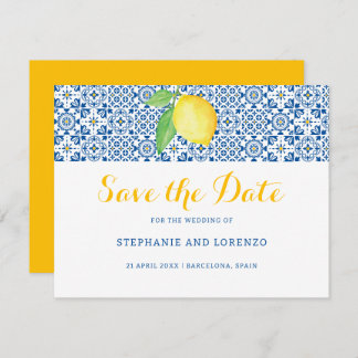 Blue Mediterranean Tile Watercolor Lemon Wedding Save The Date