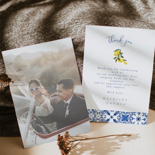 Blue Mediterranean Tile Wedding thank you card (Creator Uploaded)