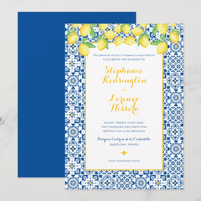 Blue Mediterranean Tile Yellow Lemons Wedding Invitation (Front/Back)