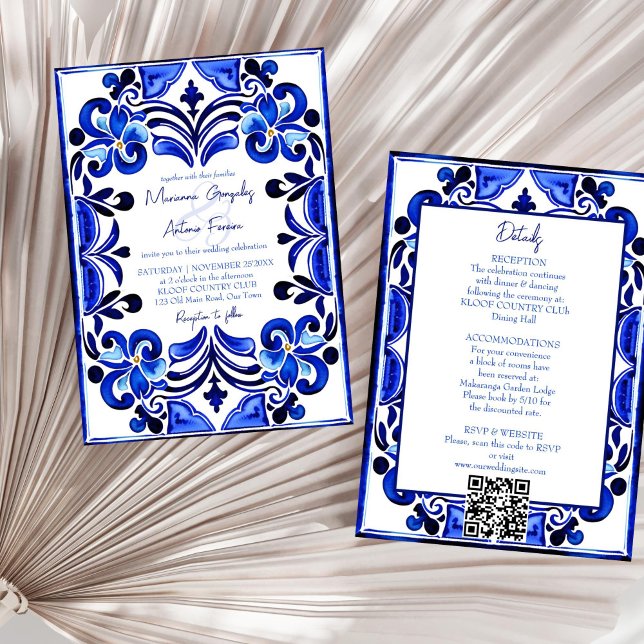 Blue Mediterranean tiles all in one wedding Invitation (Blue Mediterranean French tiles all in one wedding Invitation template digital download qr RSVP)