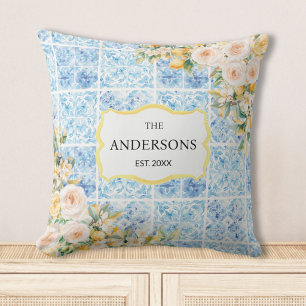 Blue Mediterranean Tiles Flower Lemon Family Name Cushion
