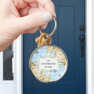Blue Mediterranean Tiles Flower Lemon Family Name Key Ring