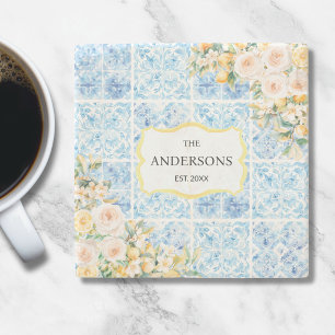 Blue Mediterranean Tiles Flower Lemon Family Name Stone Coaster