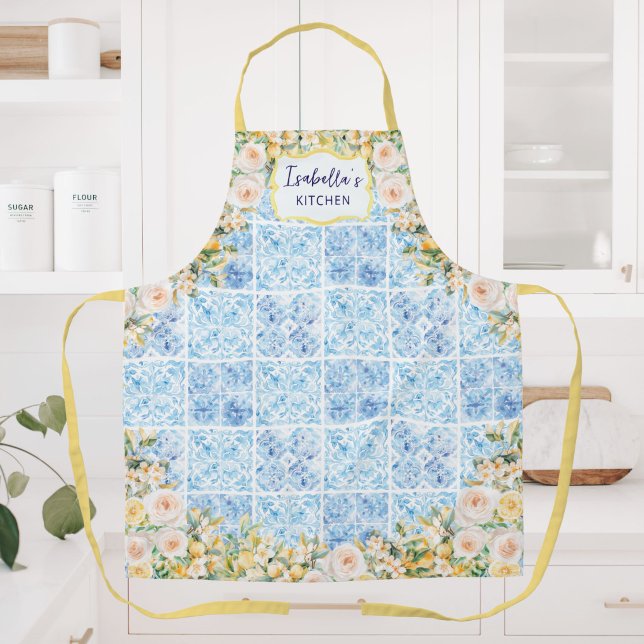 Blue Mediterranean Tiles Flower Lemon Personalised Apron (Creator Uploaded)