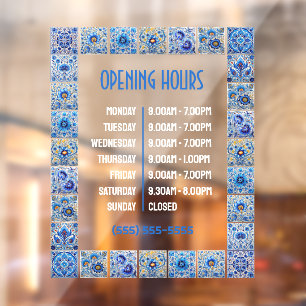 Blue Mediterranean Tiles Frame Opening Hours Window Cling