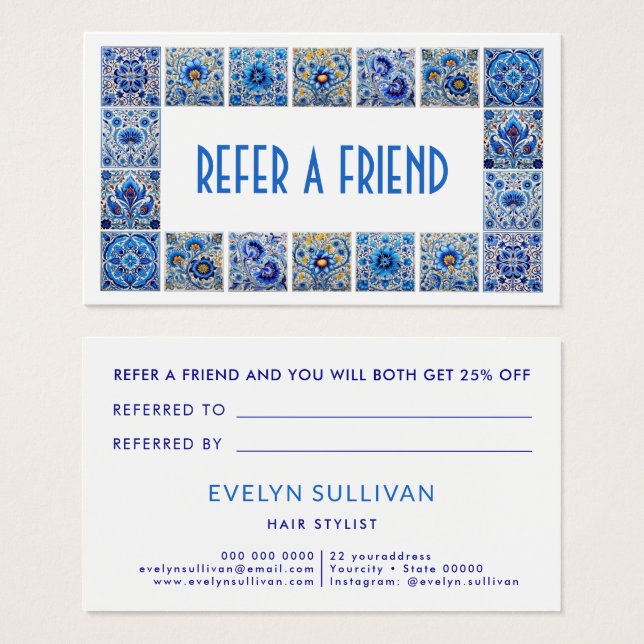 Blue mediterranean tiles frame referral card (Front & Back)