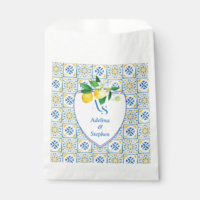 Blue Mediterranean Tiles Italy Crest Lemon Wedding Favour Bags (Front)