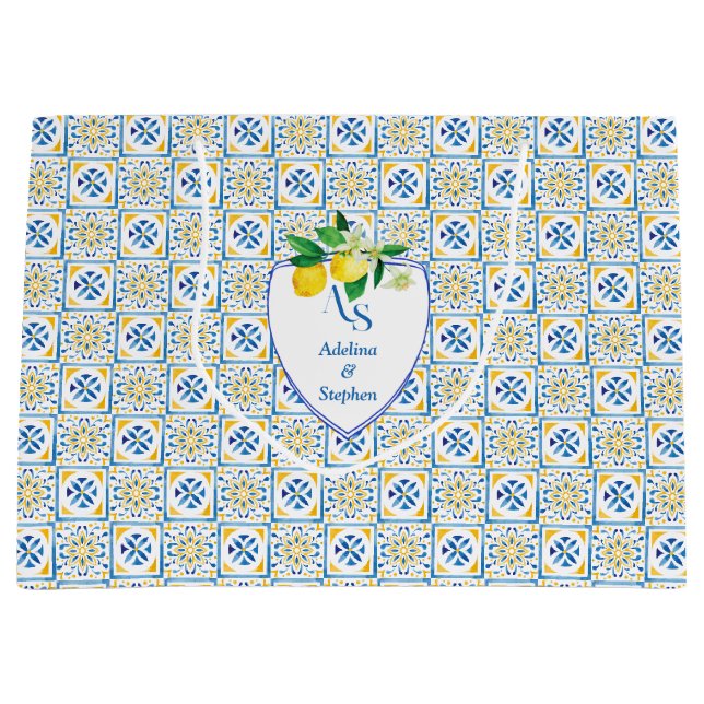 Blue Mediterranean Tiles Italy Crest Lemon Wedding Large Gift Bag (Front)