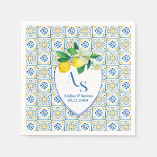 Blue Mediterranean Tiles Italy Crest Lemon Wedding Napkin