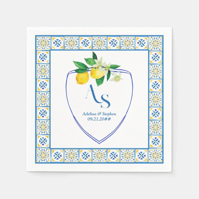 Blue Mediterranean Tiles Italy Crest Lemon Wedding Napkin (Front)