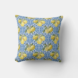 Blue Mediterranean Tiles Lemon Pattern Cushion