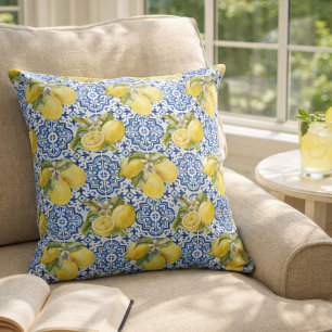 Blue Mediterranean Tiles Lemon Pattern Cushion