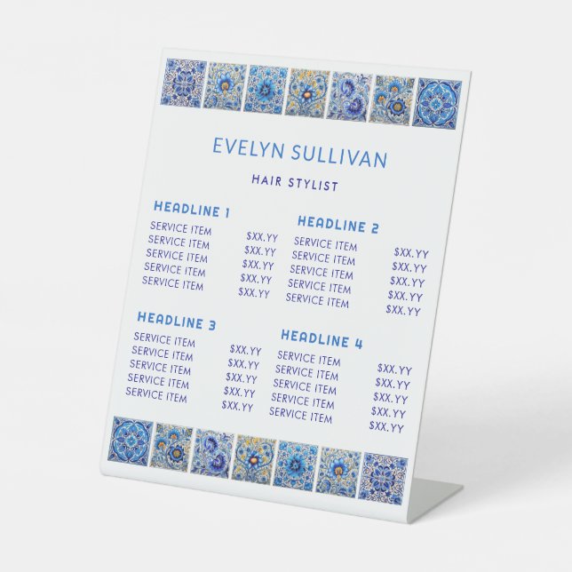 Blue Mediterranean Tiles Price List Pedestal Sign (Front)