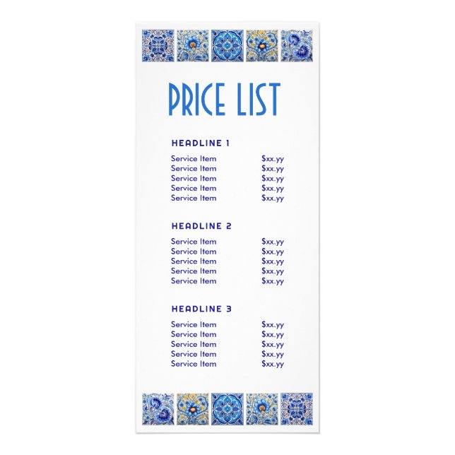 Blue mediterranean tiles price list rack card (Front)