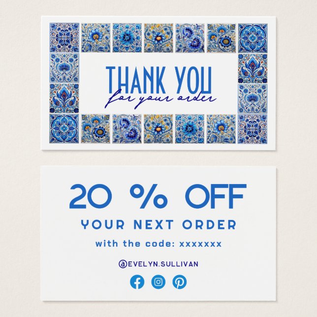 Blue mediterranean tiles thank you discount card (Front & Back)