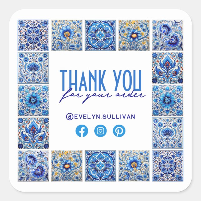 Blue mediterranean tiles thank you sticker (Front)