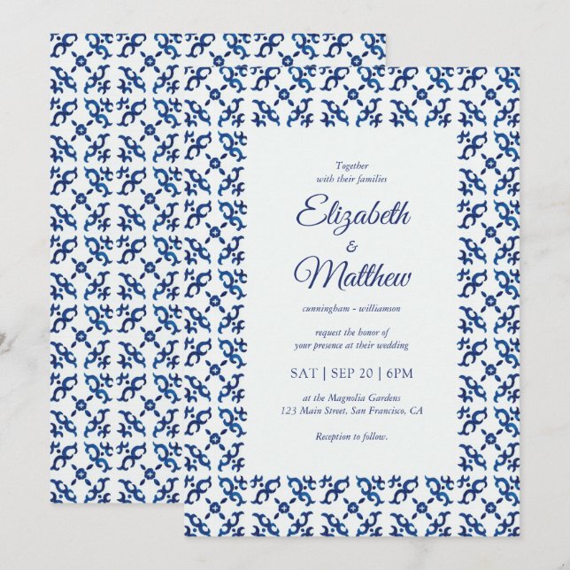 Blue Mediterranean Tiles Wedding Invitation (Front/Back)