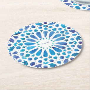 Blue Mediterranean Tiles Wedding Monogram Round Paper Coaster
