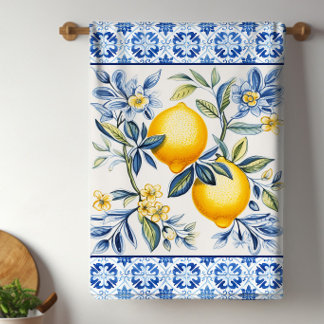 Blue Mediterranean Tiles With Lemons Tea Towel