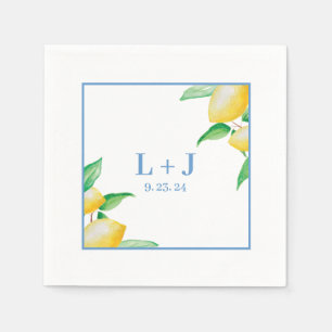 Blue Mediterranean Watercolor Lemon Wedding  Napkin
