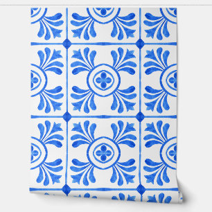 Blue Mediterranean watercolor tile pattern  Wallpaper