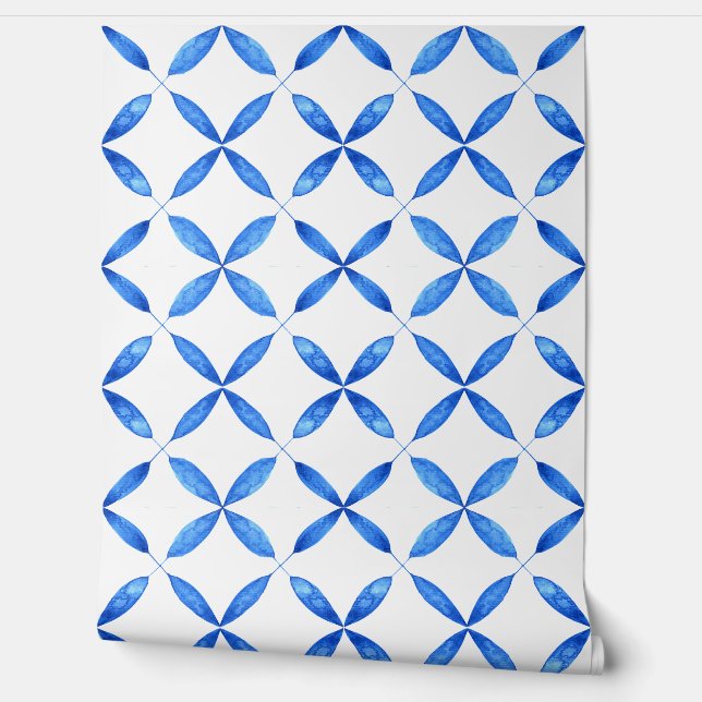 Blue Mediterranean watercolor tile pattern  Wallpaper (Unrolling)
