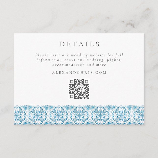 Blue Mediterranean Wedding Details QR Code Enclosure Card (Front)
