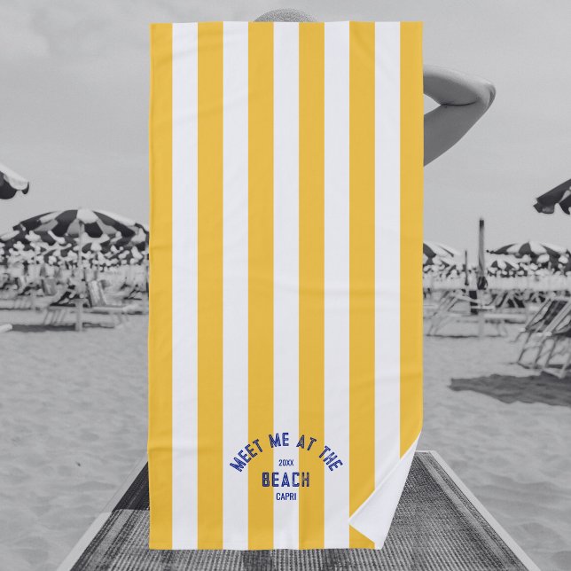 Blue Meet Me At The Beach Yellow Cabana Stripe  Beach Towel (Creator Uploaded)