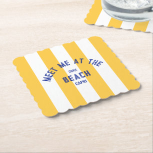 Blue Meet Me At The Beach Yellow Cabana Stripe Paper Coaster