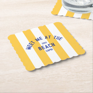 Blue Meet Me At The Beach Yellow Cabana Stripe Paper Coaster