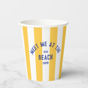 Blue Meet Me At The Beach Yellow Cabana Stripe Paper Cups