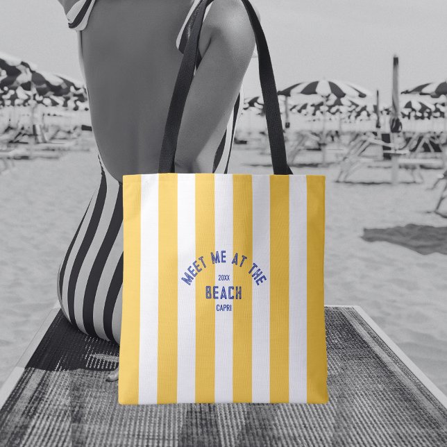 Blue Meet Me At The Beach Yellow Cabana Stripe Tote Bag (Creator Uploaded)