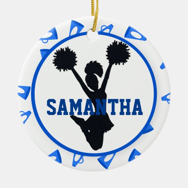Blue Megaphones and Cheerleader Personalised Ceramic Tree Decoration (Front)
