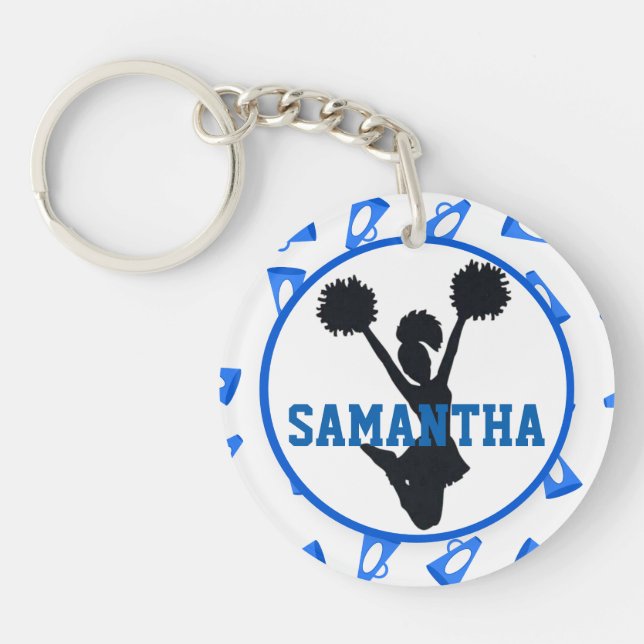Blue Megaphones and Cheerleader Personalised Photo Key Ring (Front)
