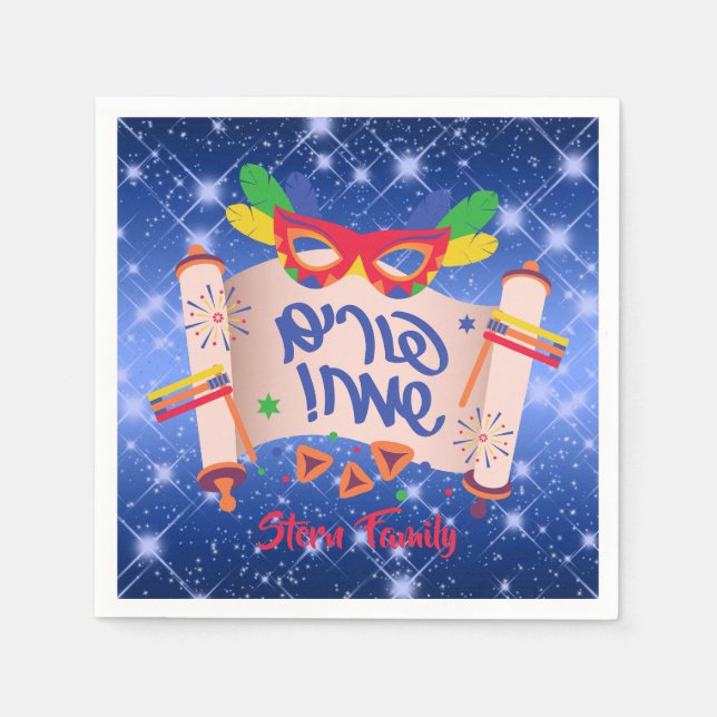 Blue Megillah Hamantash Grogger Happy Purim  Napkin (Front)