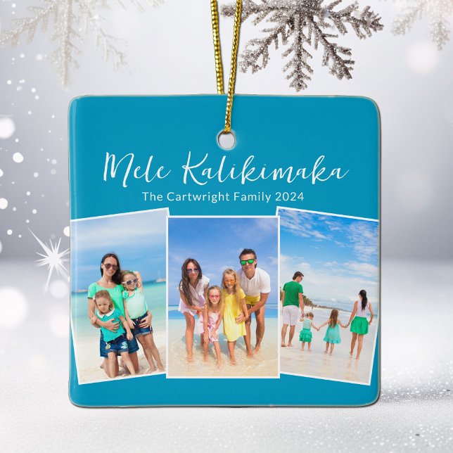 Blue Mele Kalikimaka Beach Trip Photo Christmas Ceramic Ornament (Creator Uploaded)