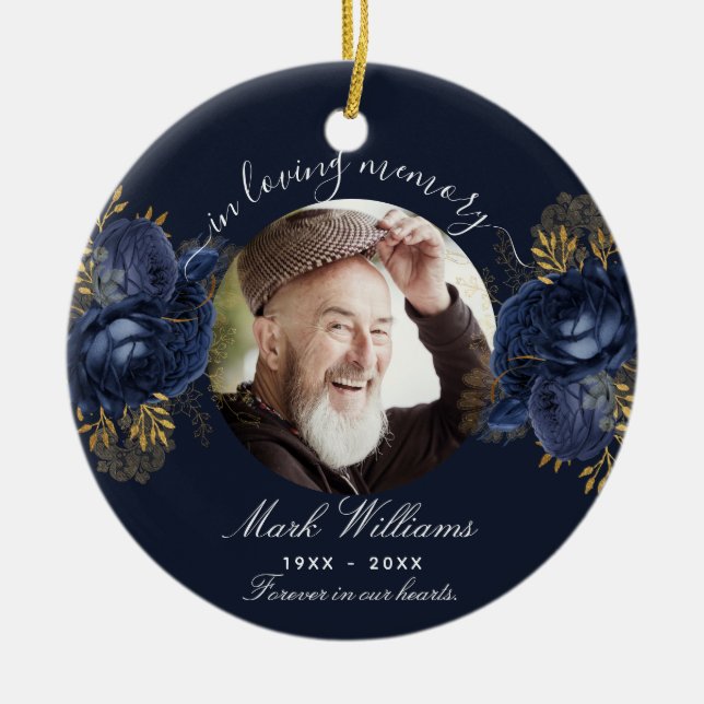 Blue memorial photo flowers  ceramic tree decoration (Front)