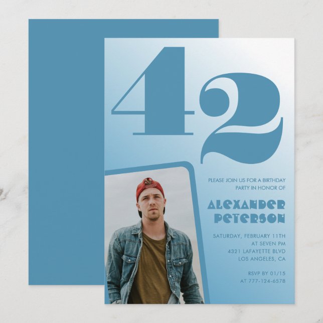 Blue Men Photo gradient 42nd birthday invitations  (Front/Back)