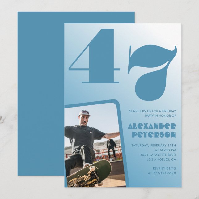 Blue Men Photo gradient 47th birthday invitations  (Front/Back)