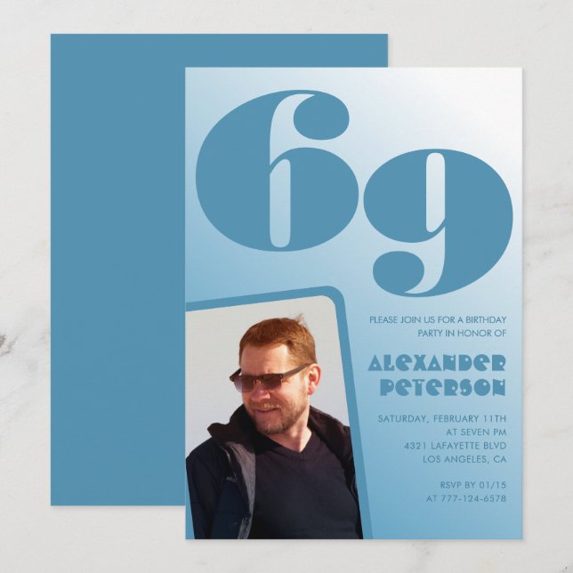 Blue Men Photo gradient 69th birthday invitations  (Front/Back)