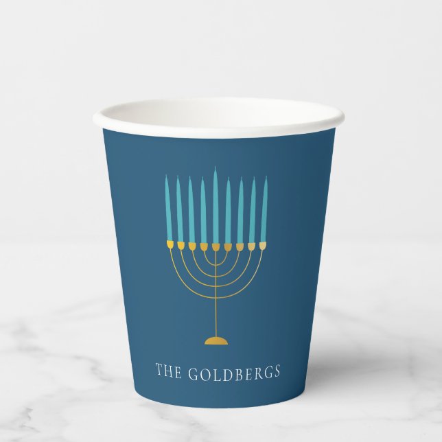 Blue Menorah Hanukkah Celebration Personalized  Paper Cups (Front)