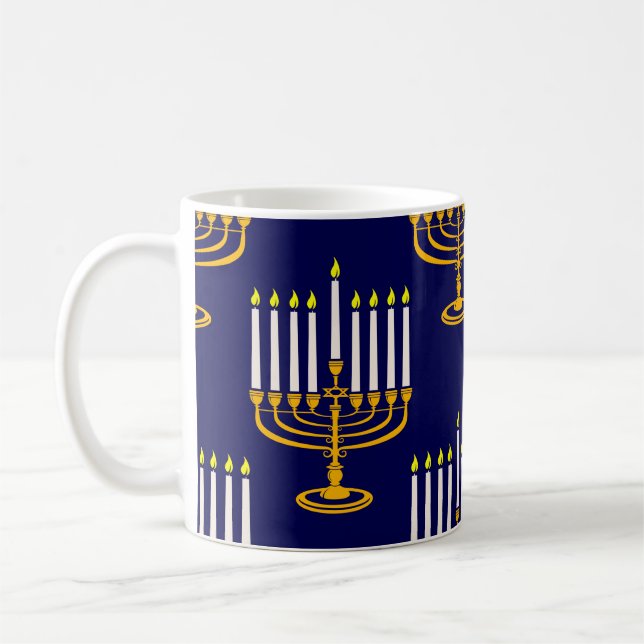 blue menorah hanukkah jewish print coffee mug (Left)