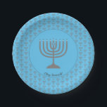 Blue Menorah HANUKKAH Paper Plate<br><div class="desc">Elegant Sky Blue Menorah HANUKKAH Paper Plates, showing faux silver grey menorah in a tiled pattern. At the centre, there is an image of a large menorah which is CUSTOMIZABLE, so you can upload your own image. Underneath, the text reads CHAG SAMEACH. This is also customisable so you can add...</div>