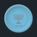 Blue Menorah HANUKKAH Paper Plate<br><div class="desc">Elegant Sky Blue Menorah HANUKKAH Paper Plates, showing faux silver grey menorah in a tiled pattern. At the centre, there is an image of a large menorah which is CUSTOMIZABLE, so you can upload your own image. Underneath, the text reads CHAG SAMEACH. This is also customisable so you can add...</div>